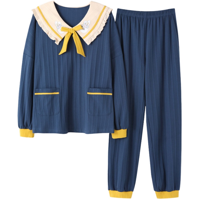 俞兆林二件套女士睡衣纯棉长袖套装韩版休闲套头甜美宽松罗纹抽条秋冬季家居服