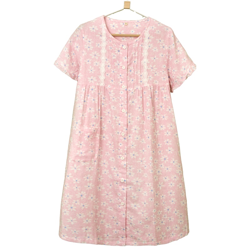 杉杉蕾丝棉纱可爱短袖透气大圆领纯棉开衫内衣时尚睡裙女士家居服睡衣