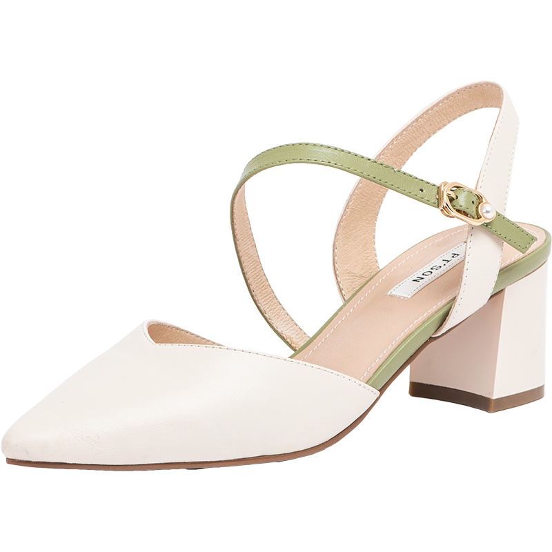 百田森春季新款包头凉鞋女真皮尖头拼色一字带仙女凉鞋女外穿