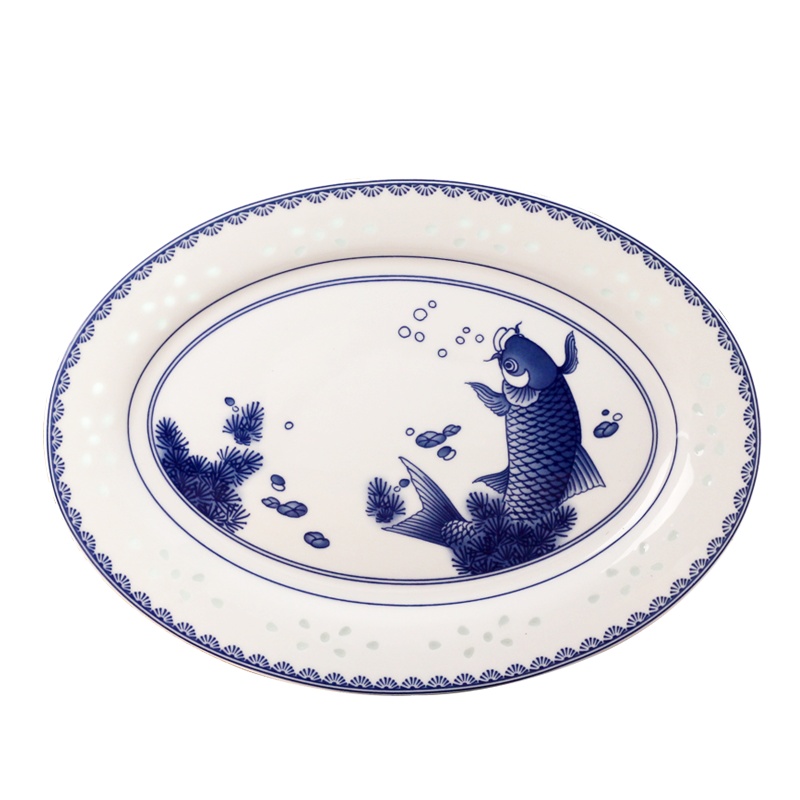 LICHEN 景德镇青花玲珑瓷器釉中彩年年有余陶瓷鱼盘碟子菜盘椭圆形盘一个 微波炉适用