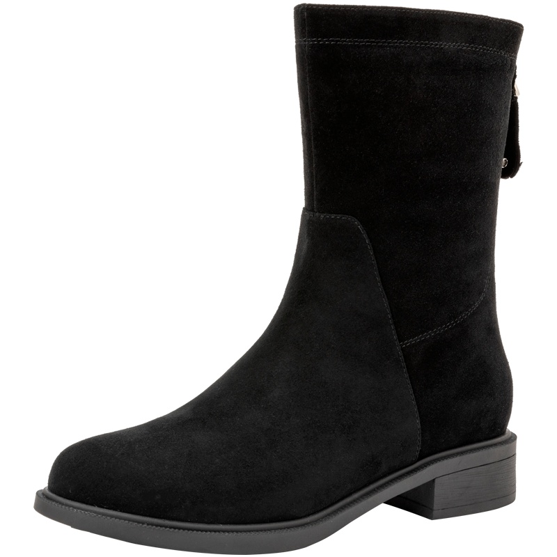 百田森加绒冬靴子女短靴时尚秋季新款中筒靴女小跟短靴真皮磨砂皮