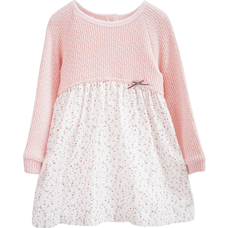 婴姿坊女童韩版圆领针织衫碎花拼接连衣裙甜美可爱裙子 粉红80-120cm