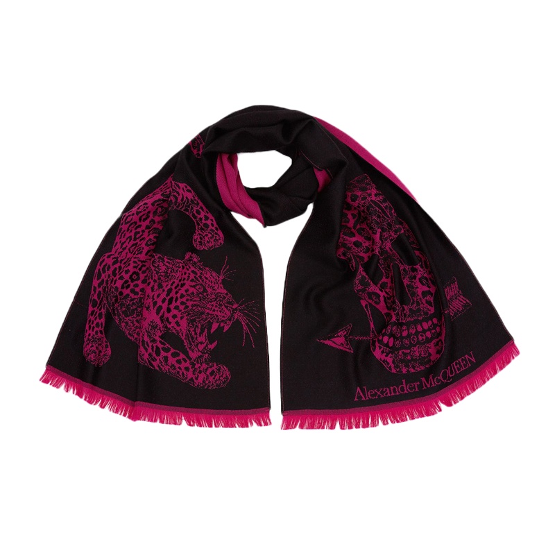 Alexander McQueen 亚历山大·麦昆 女士黑色粉色豹纹骷髅团围巾 604793-3200Q-1072