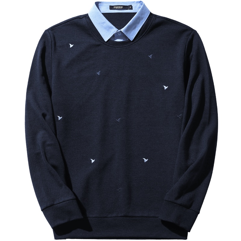 千纸鹤2019秋新款青年男装假两件绣花卫衣男士商务休闲长袖上衣潮15190