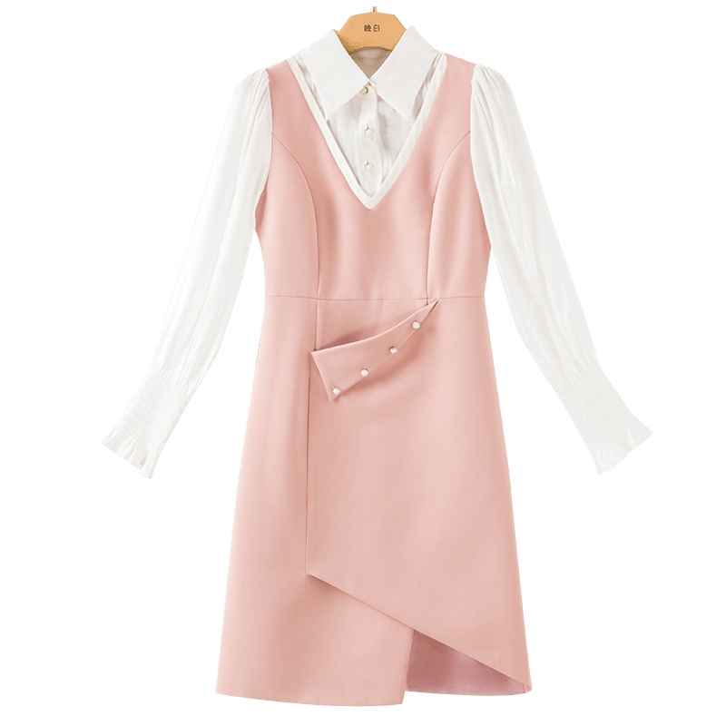 晚白2021春季新品时尚名媛淑女修身显瘦翻领假两件包臀裙连衣裙女