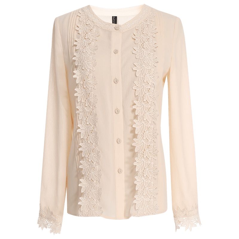 欧昵雪花边拼接圆领衬衫女长袖雪纺衫上衣气质衬衣