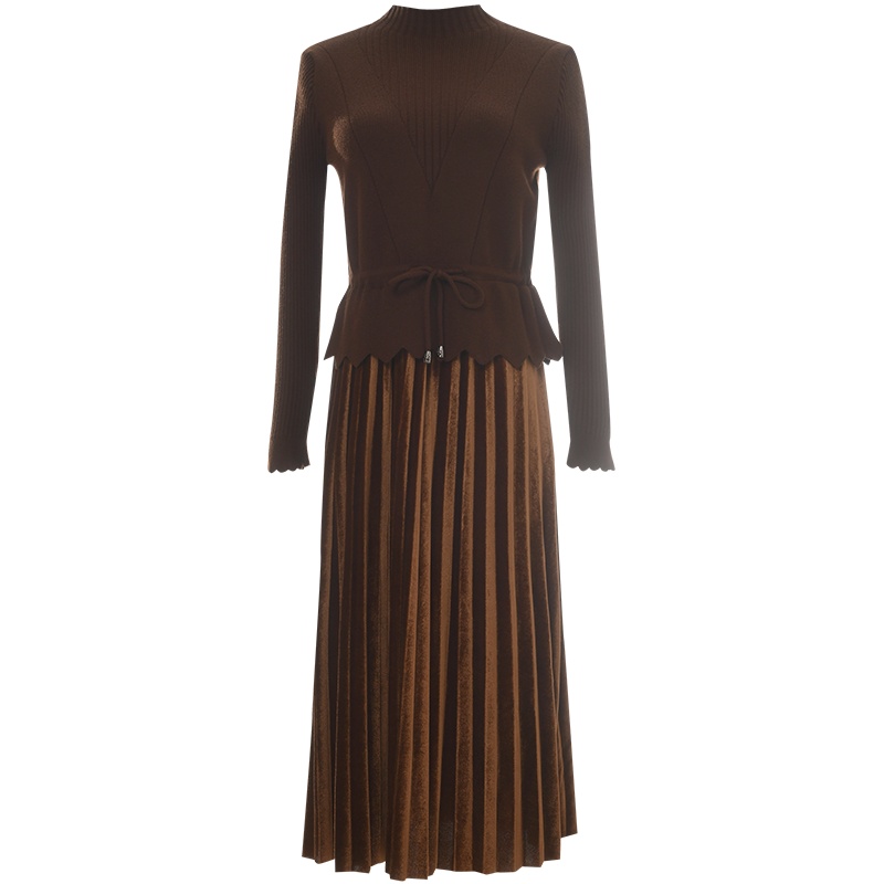 欧昵雪冬装半高领修身针织衫拼接丝绒百褶连衣裙女