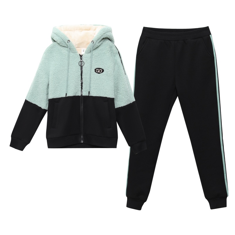 均妮羊羔毛加绒加厚休闲卫衣套装女秋冬2021新款韩版连帽运