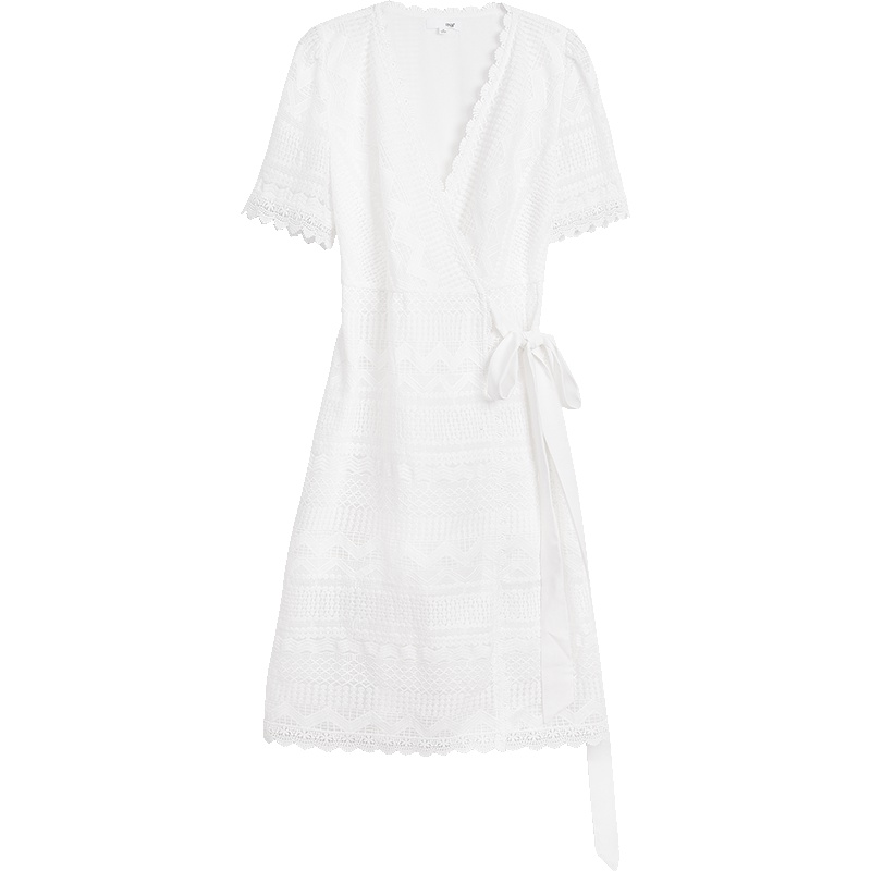 OSA欧莎白色蕾丝连衣裙2019新款夏中长款收腰V领裙子女气质显瘦