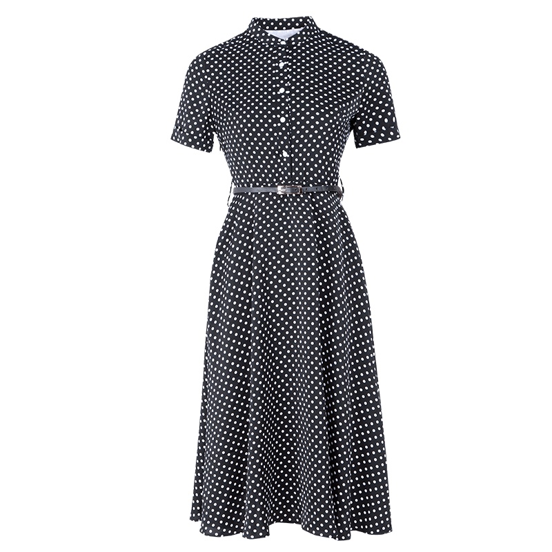 晚白 新品波点印花短袖立领收腰中长款职业A字连衣裙女