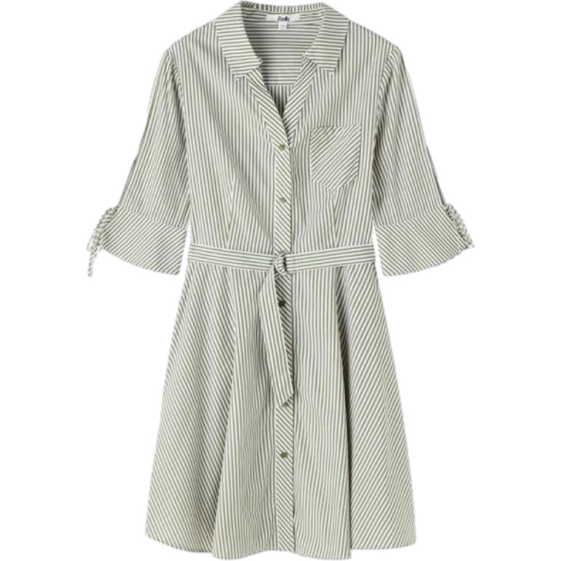 桔梗连衣裙女中长款2019秋季新款韩版高腰v领显瘦条纹裙泫雅裙子