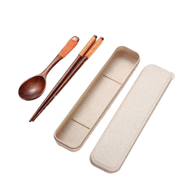 实木质餐具套装三件套 餐具套装学生 筷子勺子叉刀 方便携带 旅游T9|卡其色勺筷+餐盒