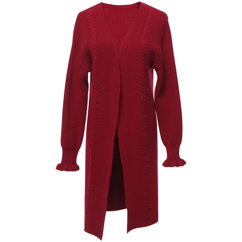 欧昵雪秋冬季V领宽松慵懒风针织衫外套女中长款毛衣开衫