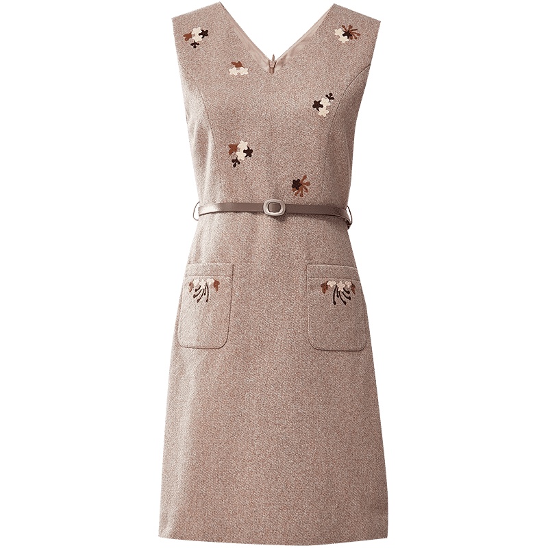 欧昵雪秋冬v领绣花收腰显瘦毛呢连衣裙女修身呢子背心裙