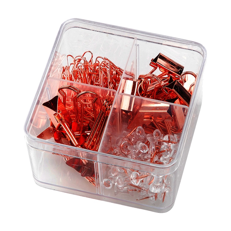 得力(deli)78551办公组合 2盒装 玫瑰金长尾夹工字钉大头钉回形针票夹资料夹子 多功能财务收纳夹