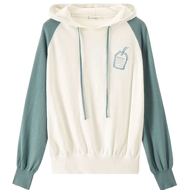 茵曼2019秋季新款文艺减龄撞色插肩袖连帽毛衣女套头绣花纯棉上衣