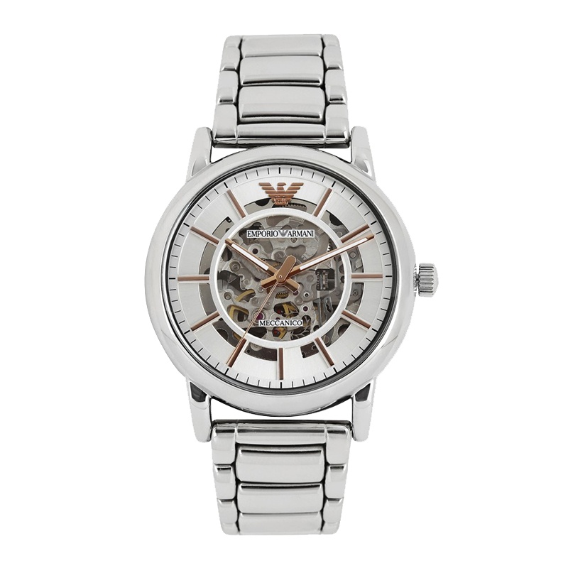 阿玛尼EMPORIO ARMANI 男士手表自动机械表镂空 男款AR1980 银色