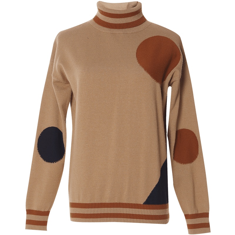 欧昵雪秋冬季宽松长袖撞色波点针织衫女套头条纹高领毛衣