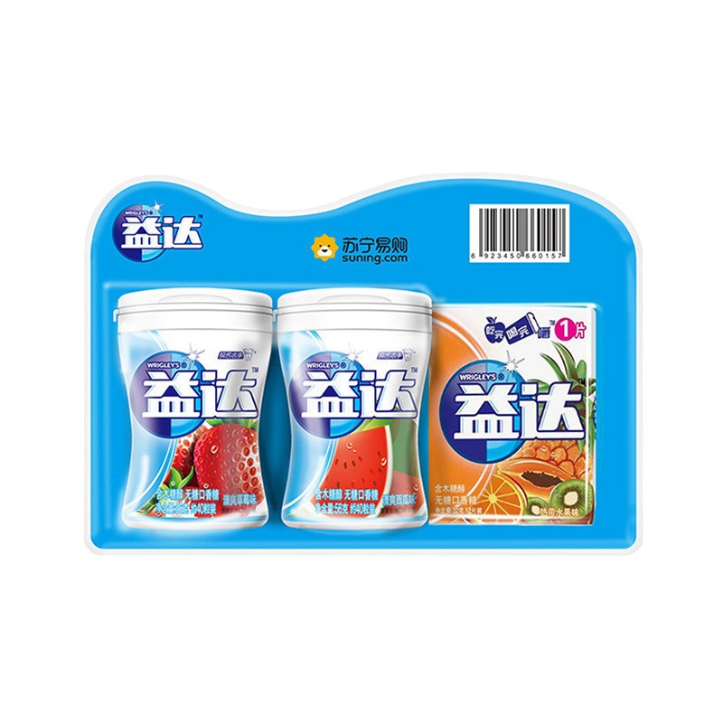 益达(Extra) 口香糖木糖醇2+1苏宁定制装(草莓西瓜40粒双瓶装+热带水果12片装)