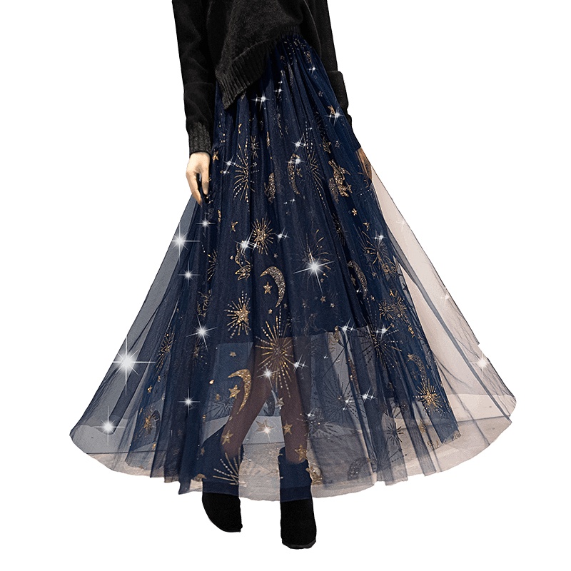 丝柏舍2019秋装星空重工刺绣松紧腰长款网纱半身裙S93B4128B