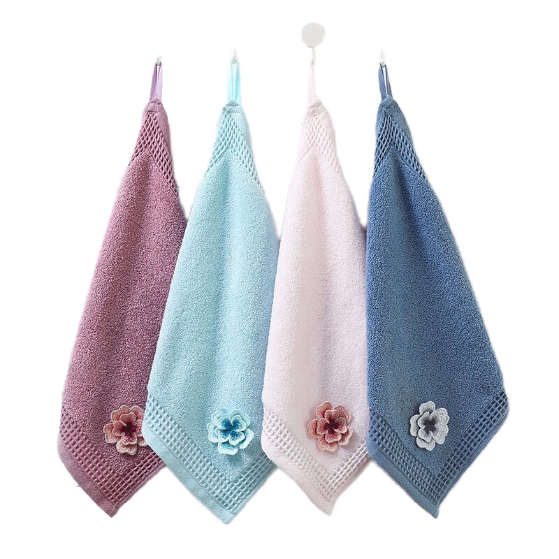 金号毛巾家纺 A类纯棉擦手巾挂式毛巾大方巾4条装 卫生间厨房浴室多用途挂绳抹手巾红_蓝_紫_灰四条装