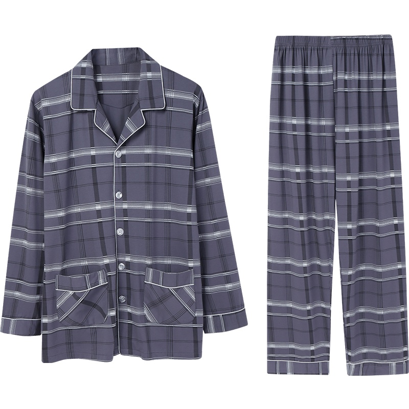 安之伴睡衣男开衫套装格子休闲可外穿针织素色国民领长袖男士家居服套装