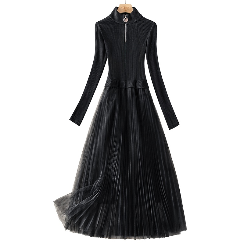 丝柏舍2020冬女中长修身时尚针织网纱拼接假两件连衣裙S03B4274L