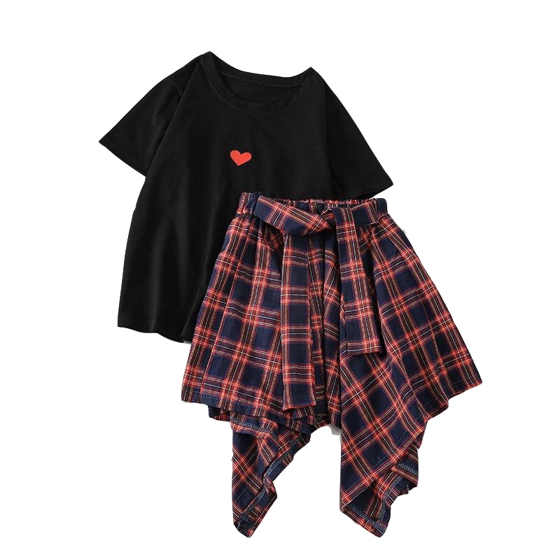 2019单件/套装格子半身裙两件套夏装新款短袖T恤不规则高腰裙套装女 臻依缘