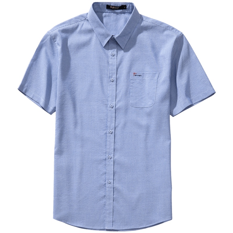 千纸鹤男士衬衫2019新款青年条纹绣花休闲修身短袖衬衣男潮10103