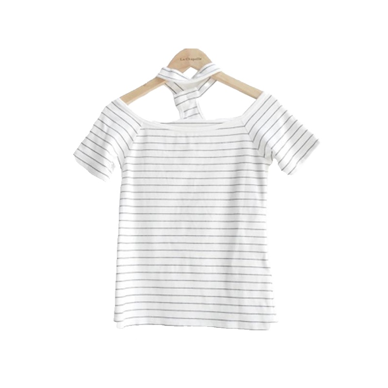 拉夏贝尔夏季女装新款韩版修身显瘦露肩性感百搭短袖T恤上衣女10014351