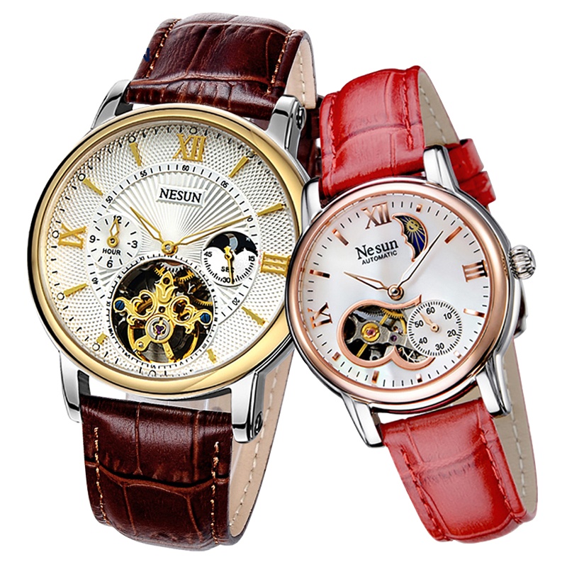 正品尼尚(NESUN)手表情侣对表男女士全自动机械表 男女真皮镂空休闲时尚情侣手表一对价QL9091
