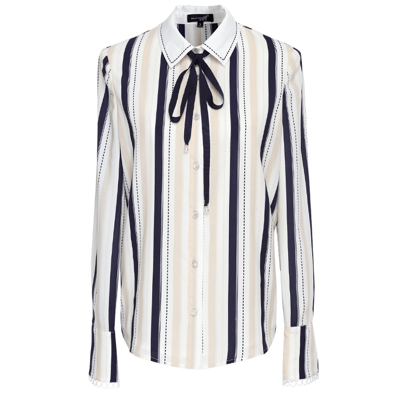 欧昵雪秋装蝴蝶结系带条纹衬衫女长袖上衣喇叭袖衬衣