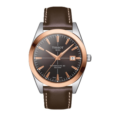 天梭tissot瑞士手表 风度系列 镂空皮带18k玫瑰金表圈 自动机械表男表
