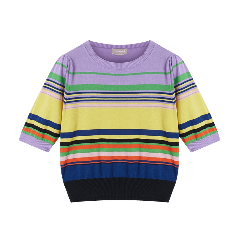 鄂尔多斯ERDOS春夏泡泡袖圆领夹条半袖女式T恤