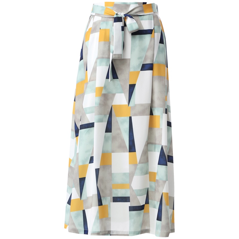 欧昵雪几何图案波普风蝴蝶结系带高腰中长款半身裙女