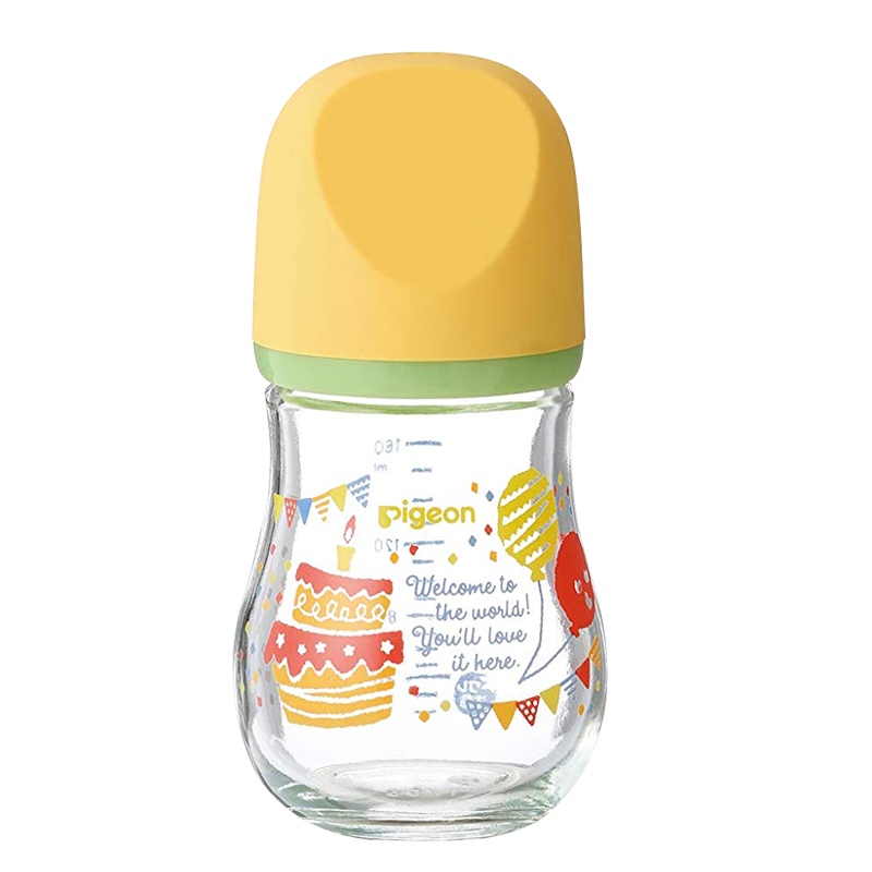 贝亲婴儿臻宝玻璃奶瓶160ml黄盖生日派对图案