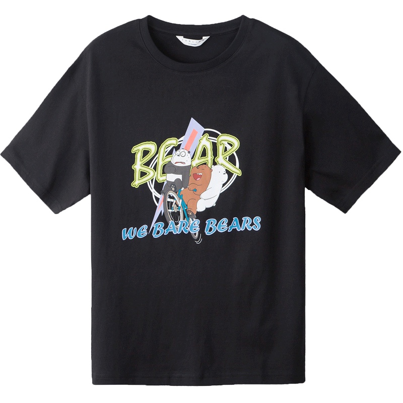 唐狮2019夏季新款夏装短袖T恤女韩版卡通图案纯棉半袖女潮黑色T恤