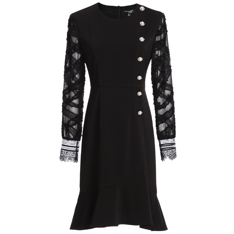 欧昵雪圆领拼接雪纺提花长袖修身连衣裙女显瘦鱼尾裙