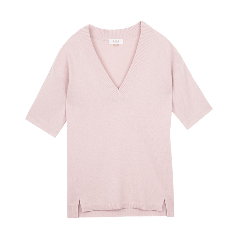 鄂尔多斯ERDOS 100%山羊绒V领五分袖简约纯色羊绒衫女士针织衫/毛衣