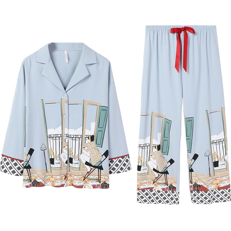 安之伴睡衣女春秋撞色几何花纹开衫套装棉质弹力针织素色国民领长袖可外穿女士套装 牛仔兰 S