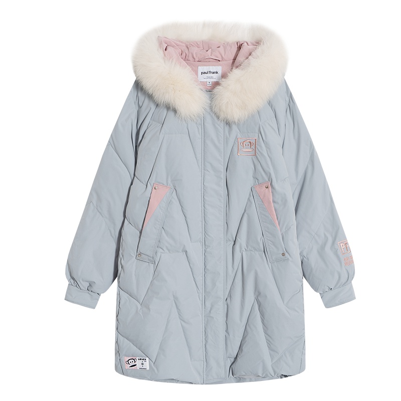 PaulFrank/大嘴猴秋冬羽绒服女中长款韩版连帽宽松简约X 蓝灰色 S