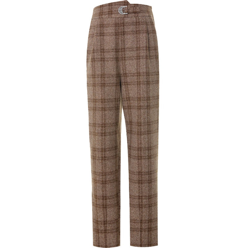 欧昵雪冬装气质高腰毛呢格子哈伦裤女宽松九分小脚萝卜裤