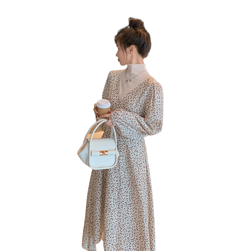 茜靓CHYLLIRN韩版假两件连衣裙女秋冬复古显瘦中长款内搭打底碎花裙