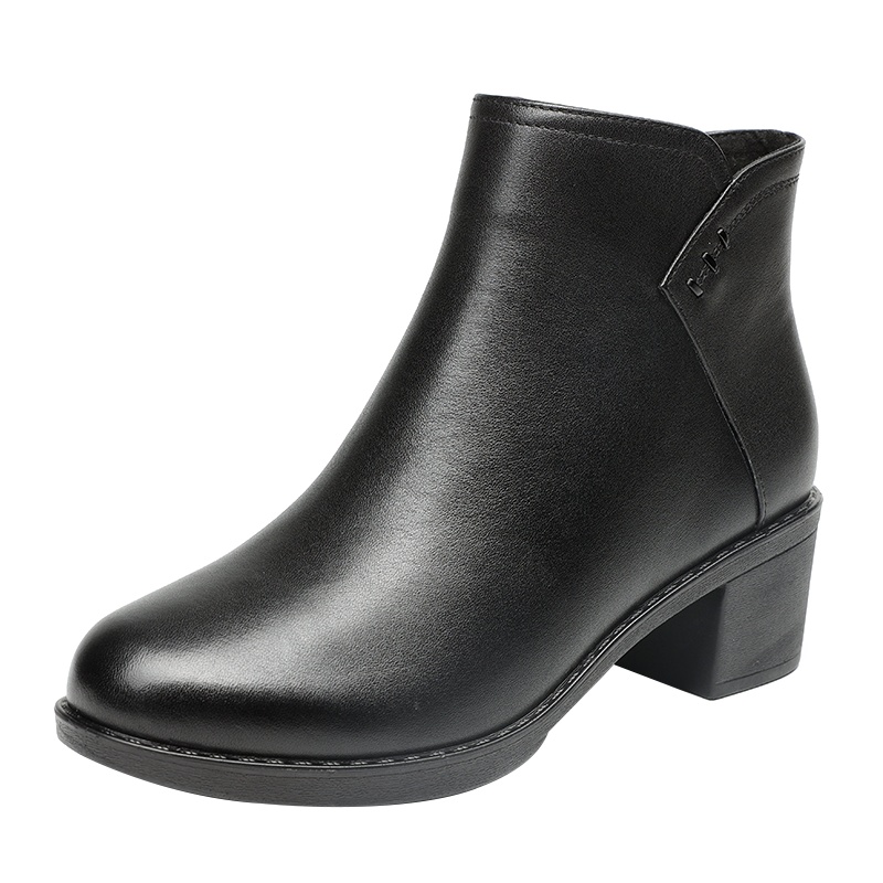 红蜻蜓女靴冬新款保暖加绒棉皮鞋英伦时尚女粗跟真皮短靴女靴