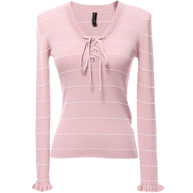 欧昵雪修身V领系带套头条纹毛针织衫打底上衣女长袖
