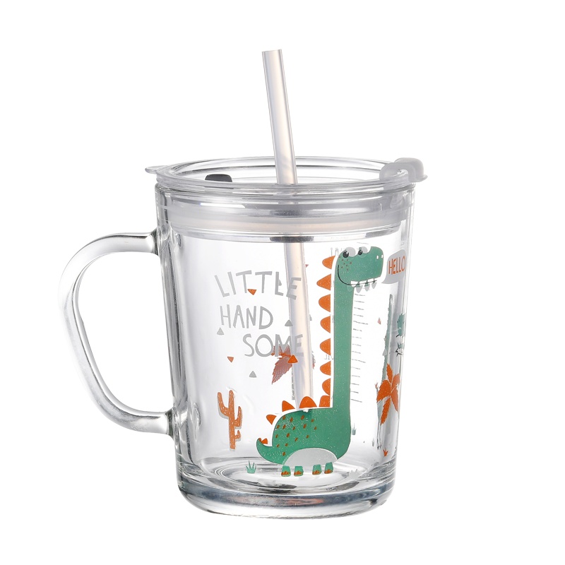 青苹果玻璃杯带吸管刻度杯早餐杯量杯杯果汁水杯子儿童奶杯可微波炉牛奶杯