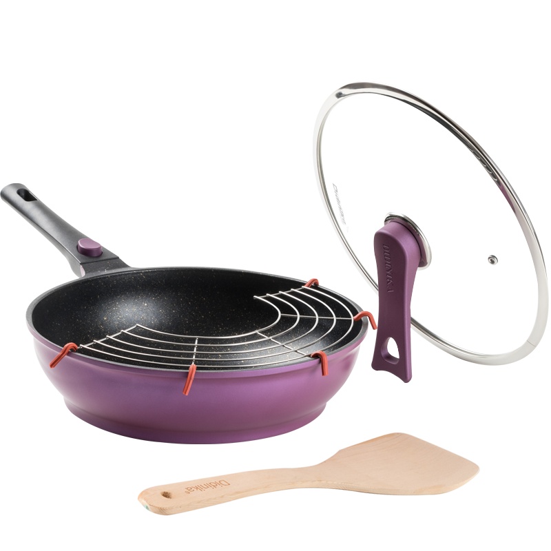 迪迪尼卡(Didinika)麦饭石炒锅无油烟不粘锅立盖平底炒锅30cm炒锅带木铲