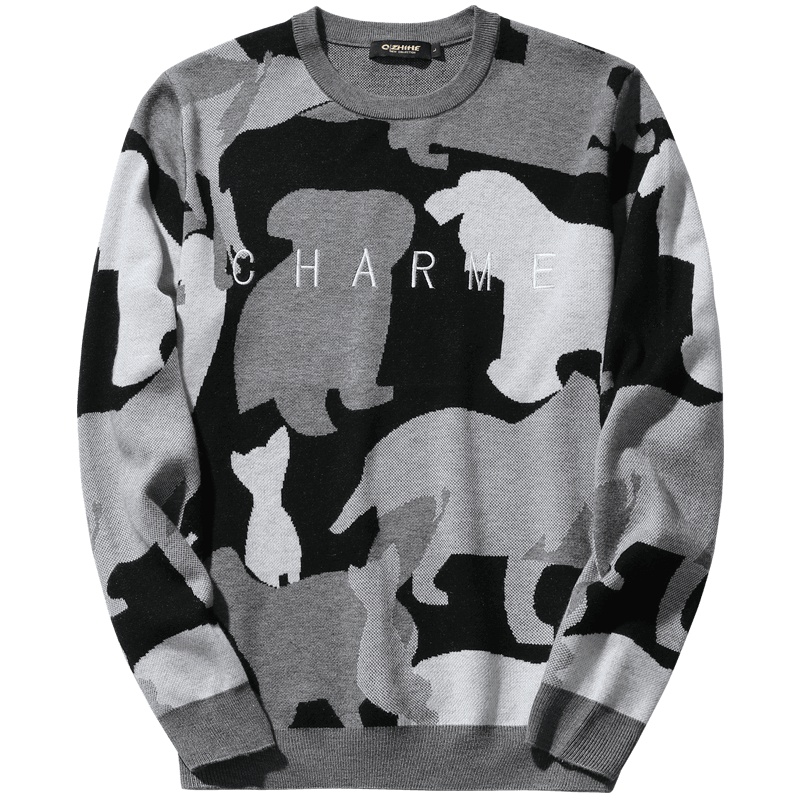 千纸鹤男装针织衫上衣2019秋冬新款时尚休闲迷彩圆领毛衣男50079