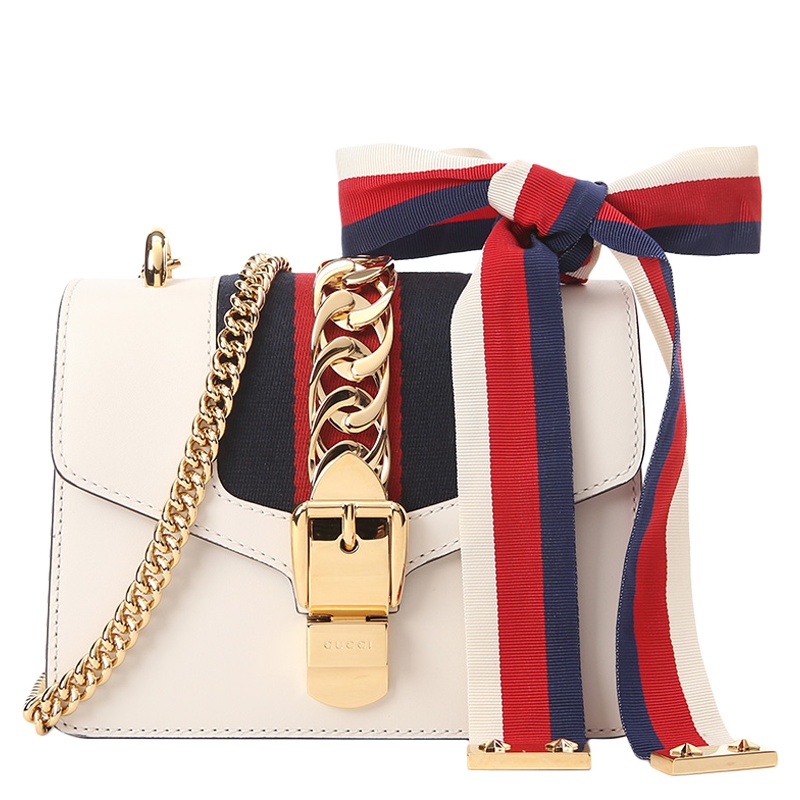 [直营] 古驰(GUCCI) Sylvie系列女士白色锁扣迷你链条包单肩斜挎包 女包