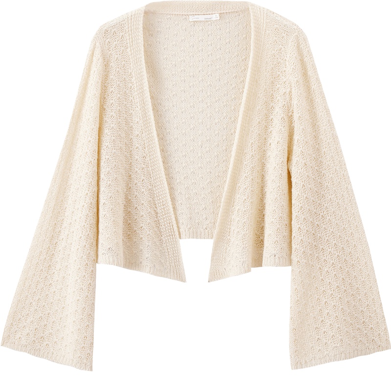 茵曼2019秋优雅气质喇叭袖镂空针织衫毛衣开衫女外套宽松薄款短款